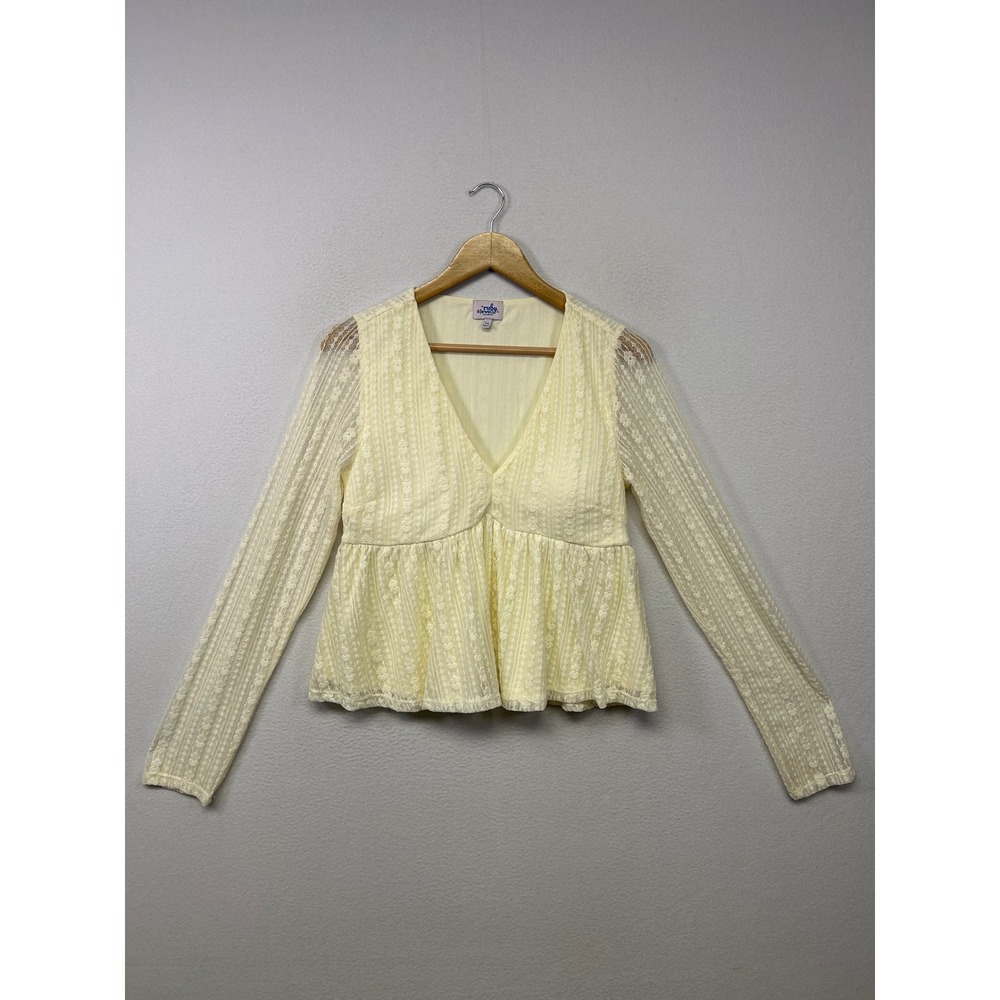 Cottagecore Ruby & Jewell Womens LG Yellow Floral Lace V-Neck Peplum Top